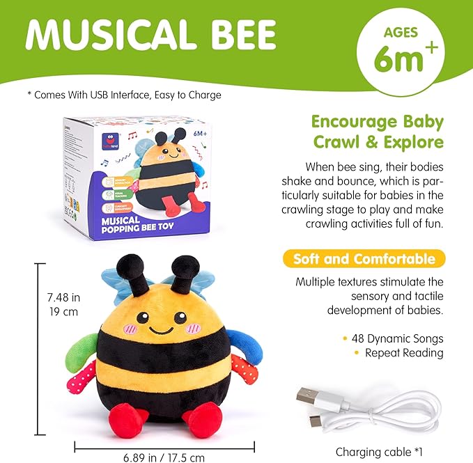hahaland Baby Toy for 6 + 12 18 Months – Crawling Musical Dancing Bouncing Learning Bee Plush, Interactive Tummy Time Toy for 1 2 3 Year Old Boys Girls Baby Easter Basket Stuffers