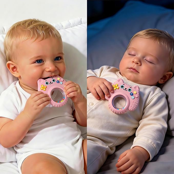 Baby Teether Toy Silicone Cat Teething Ring -Game Controller, Baby Rattle Toy Chew Sensory Toys for Babies Over 3 Months, Teething Relief for Newborn Infant Essentials 0-6 6-12 Months, BPA Free -Pink