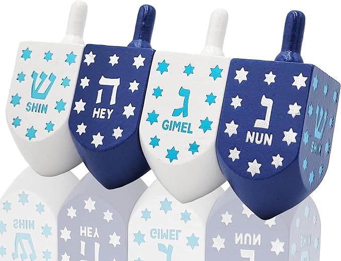 The Dreidel Company Extra Large Hand Painted Wood Hanukkah Dreidels, 2-Pack Blue & White Star Design