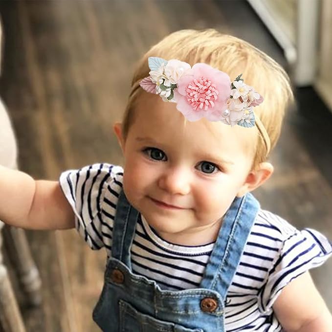 Baby Girl Flower Headband 6 PCS Elastic Hairbands Handmade Nylon Bows Headbands Chic Floral Hair Accessories Kids Gifts for Newborn Infant Toddlers