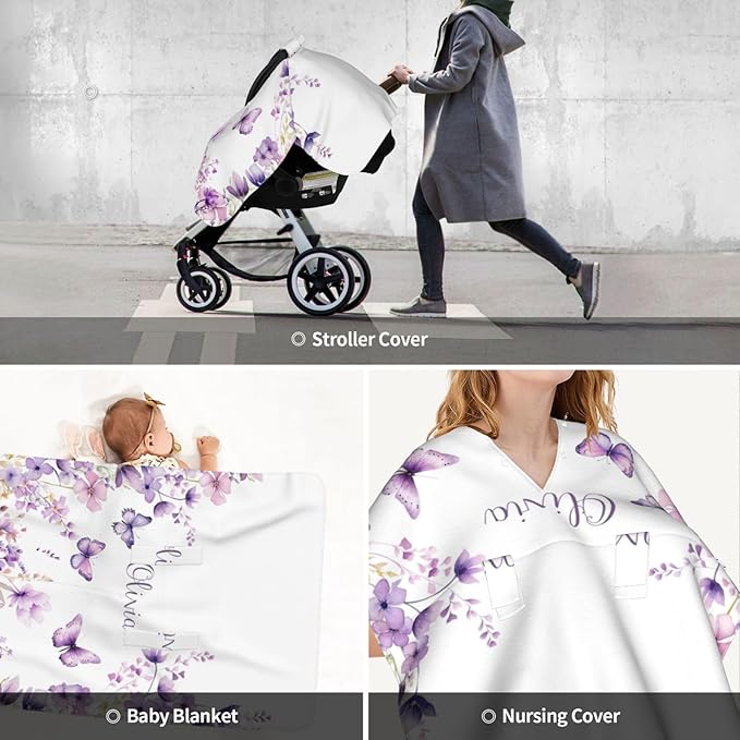 Personalized Baby Car Seat Canopy with Name – Custom Butterfly Purple Minky Nursing Cover for Girls, Soft Stroller Cover for Infants & Newborns, Carseat Canopy for Breastfeeding