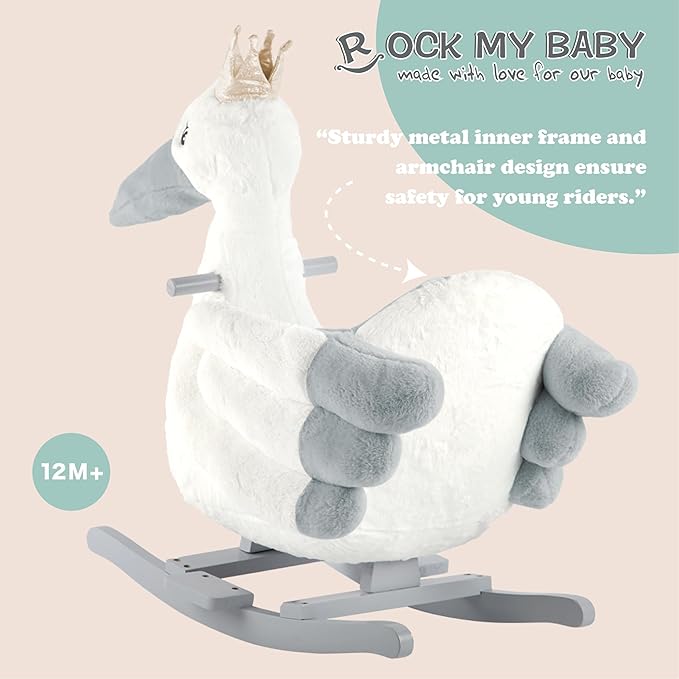 Rock My Baby Rocking Horse, Rocking Horse for Toddlers 1-3, Plush Rocking Horse with Seat, Wooden Gray Stork Ride-On Toy, (Gray Stork Bird), CPC Certified