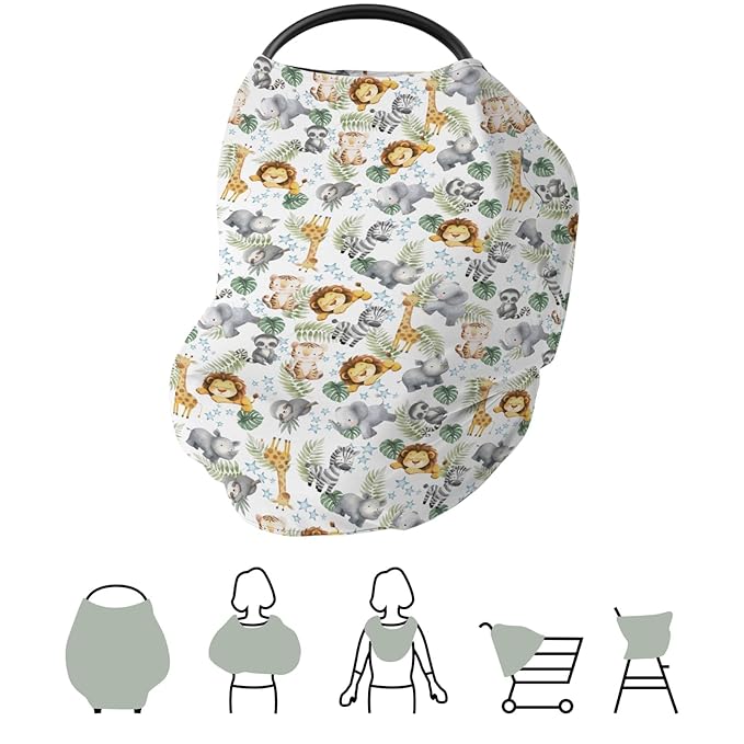 Jungle Friends Baby Car Seat Covers Safari Lion Giraffe Elephant Tropical Leaves Stretchy 5-in-1 Cover Adjustable Infant Carseat Cover Canopy Watercolor African Animals Breathable Nursing Cover-Up