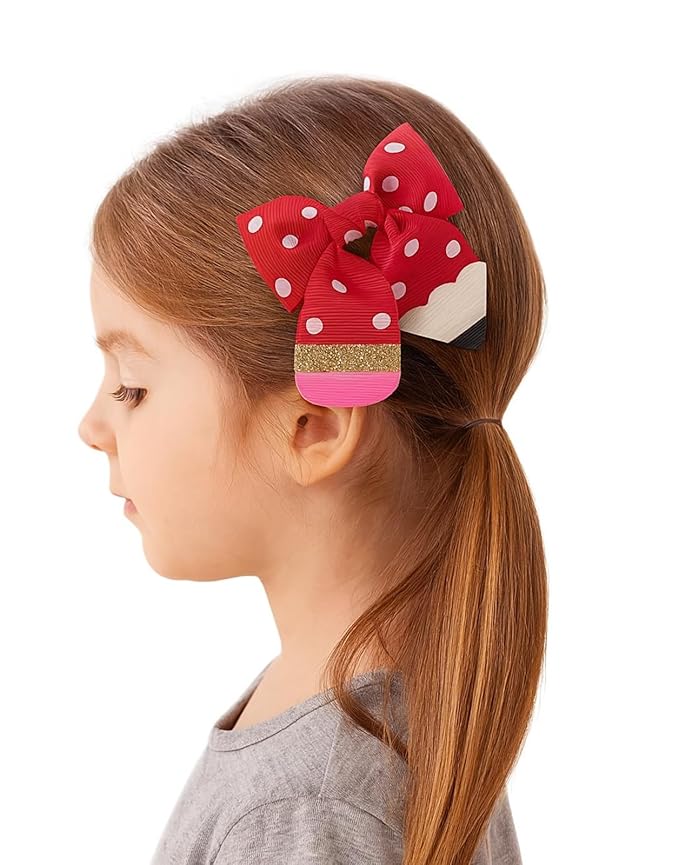YKW Red Polka Dot Pencil Hair Bow Clip for Girls, Cute School Themed Grosgrain Ribbon Accessory with Secure Metal Fastener, First Day Teacher Gift - 3.9 Inch