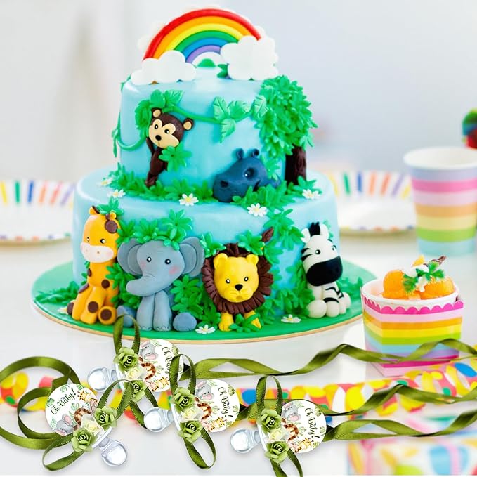 Quelay 36 Pcs Baby Shower Pacifier Necklace Cute Jungle Animal Acrylic Baby Pacifiers with Delicate Flowers for Baby Shower Decoration Table Distribution Party Favors