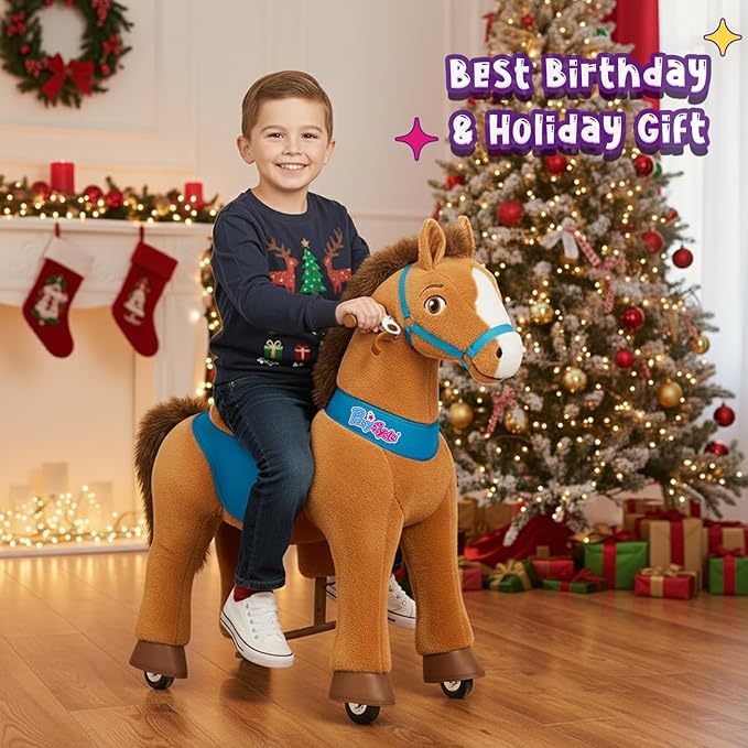 Pony Cycle Riding Toy Ride on Toys Horse Rocking Horse, Size 4 for Age 4-7, Pony Rider Spirit Horse Toys No Battery or Electricity, Plush Animal Giddy up Riding Horse Toys Brown E437