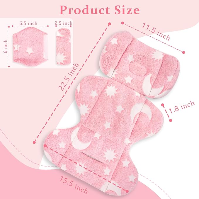 Infant Car Seat Insert Cushion, Baby Car Seat Head Body Support with 2 Extra Strap Paddings, Newborn Car Seat Insert for Baby Girls & Boys, Premature Carseat Cushion, Pink Moon and Star