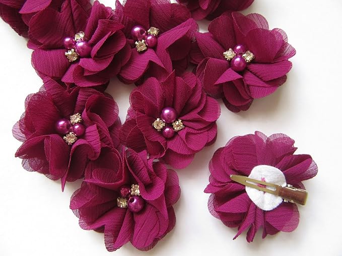 Baby Girls Chiffon Flower Hair Clips with Rhinestones and Pearl,YYCRAFT 10 pcs Party Wedding 2" Hair Accessory for Kids Toddler Infant Girls(Deep Plum)