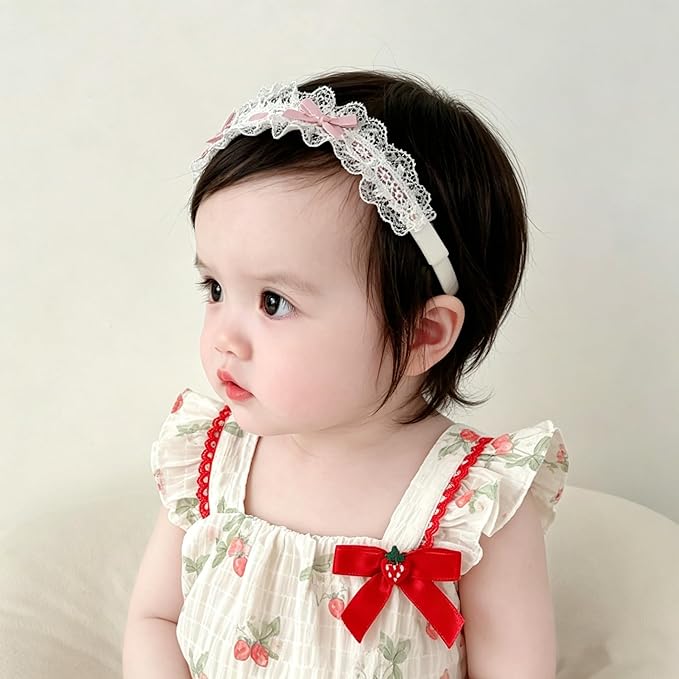 Baby Girls Hairbands Bow Lace Headband Handmade Soft Stretchy Pink Bowknot Hairbands Newborn Hairband with Bows Elastic Hair Bands for Kids Infant(Lace Pink Bow