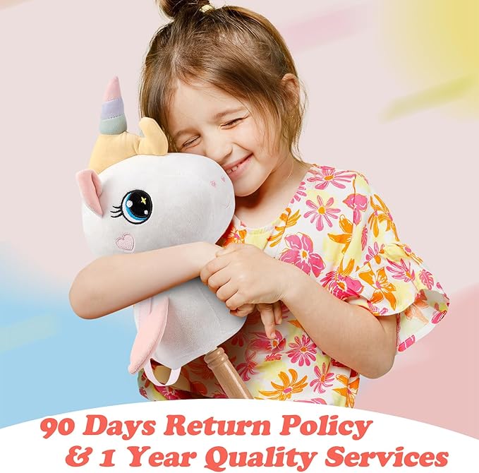 FUNLIO Unicorn Stick Horse for Kids 3+, Rainbow Fairy Hobby Horse with Soft Plush & Wood Wheels, Neighing and Galloping Sound for Pretend Play & Creativity, Horse Toys Gift, CPC & CE Certified - White