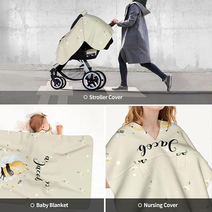 Custom Baby Car Seat Canopy with Name, Personalized Stroller Baby Car Seat Covers for Boys Girls, Minky Nursing Carseat Cover for Breastfeeding, Car Seat Canopies for Infant Newborn(Cute Bee)