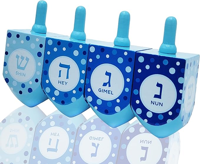 The Dreidel Company Extra Large Hand Painted Wood Hanukkah Dreidels, 48-Pack Pastel Blue & White Design
