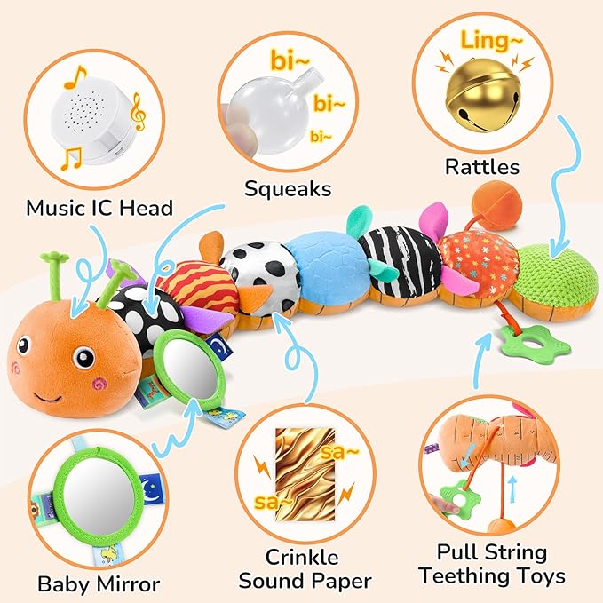 Baby Toys Musical Caterpillar Interactive Multicolored Infant Toy Crinkle Rattle Soft with Ring Bell Stuffed Cuddly Baby Toy with Ruler Design Educational Toddler Plush Toy for Preschool