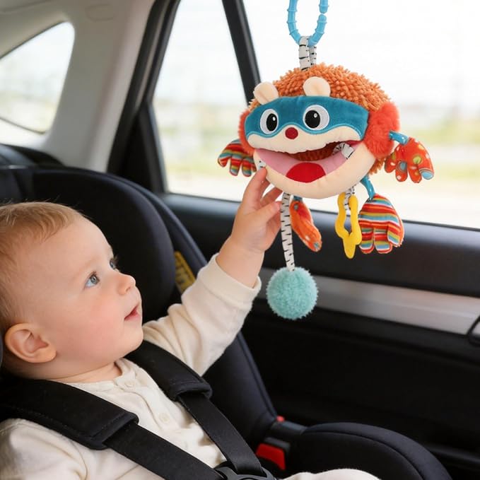 Car Seat Toys Hanging Baby Sensory Ball, Infant Roadtrip Travel Toys 0-6-12 Months with Rattle, Squeaky, Crinkle,Teether, Textures, Soft Montessori Plush Toys Newborn Gift Boys Girls