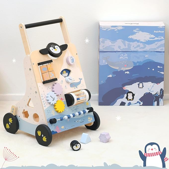 PairPear Wooden Baby Walker, 9 in 1 Montessori Push Walker Baby Push Toys with Activity Center for Boys Girls Learning to Walk, Sit-to-Stand, for 1 Year Old and Up