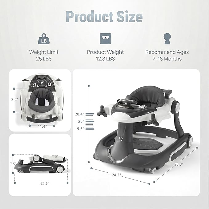 7 in 1 Foldable Baby Walker, Infant Activity Walker w/Adjustable Height, Detachable Play Tray with Music & Light, Baby Push Walker with Wheels for Boys Girls 7-18 Months, Speed Control, Gray