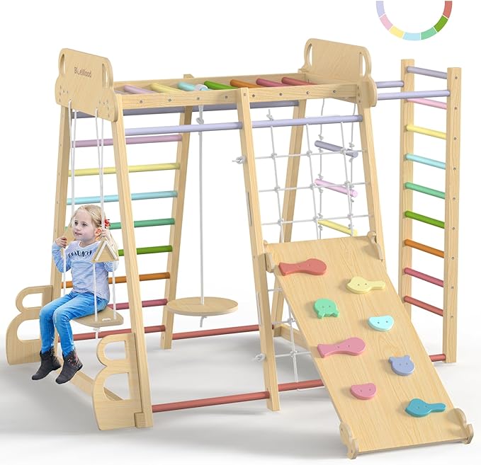 BlueWood Upgraded Indoor Jungle Gym 9-in-1 Playground Kids Climbing Toys, Waldorf Style Wooden Climber Playset with Slide, Swing, Monkey Bars, Upright/Rope Ladder, Climb Net, Rainbow