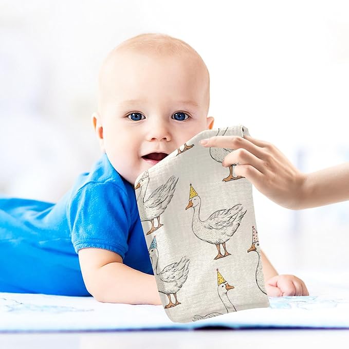 vvfelixl Baby Muslin Washcloths Goose with Birthday Hat Baby Burp Cloths Cotton Babys Face Towel for Newborn Infants Boys Girls Soft and Absorbent 11.8 X 11.8 in, 3 Pack