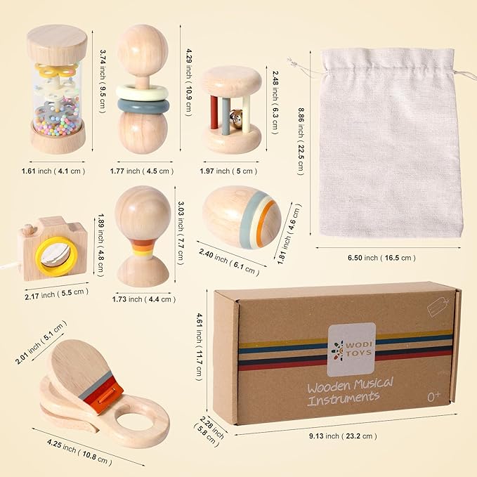 WODI Wooden Baby Toy 7pcs, Montessori Toys for Babies 0-3-6-12 Months, Toddler Hand Wooden Rattles Toy Set for Infant Grasping with Storage Bag, Sensory Development, Gift for Baby Boys Girls