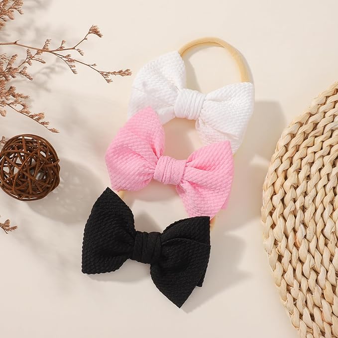 yoyokid 3PCS 4" Baby Girls Bow Headband, Elastic Nylon Hairbands Soft Baby Hairbands with Bows Hair Accessories for Newborn Infant Toddler, Black Pink White