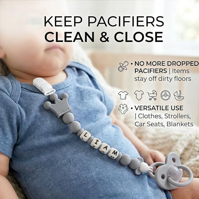 Personalized Pacifier Clip with Name Custom Pacifier Holder with Name Newborn Baby Gift Sets (Crown)