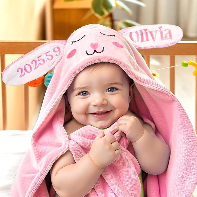 Custom Hooded Bath Towel with Name, Personalized Highly Absorbent Bunny Towels, Baby Bath Towels for Girls Boys, Brithday for Baby, Toddler, Newborn (Pink-Bunny)