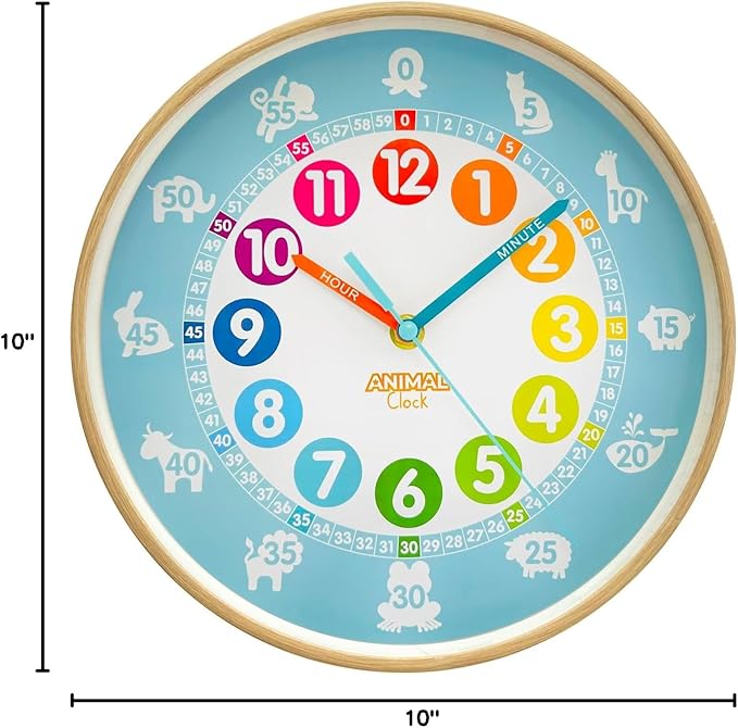 Animal Preschool Clock - Time Teacher 10 Inch Educational Silent Wall Clock with Wood Look Frame - Easy to Read Dial for Teacher's Classrooms, Preschooler's Bedroom & Children Playroom