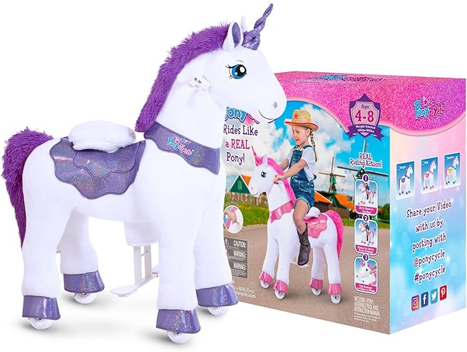 PonyCycle Ride on Unicorn for Kids 4-7 with Brake, Unicorn Gifts for Girls (35.4" Height/Size 4) Plush Interactive Riding Rocking Riding Horse Ride on Toy Spirit Toys Stuffed Animal Purple E413