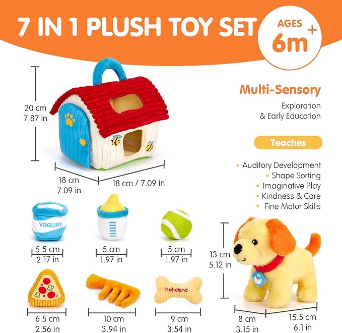 hahaland Montessori Toys for 1 Year Old – Plush Puppy Sensory Toy Set with Dog House, Rattle, Crinkle, Mirror & Shape Sorter, Pretend Play Learning Toy for Toddlers 1-3, Baby Easter Basket Stuffers