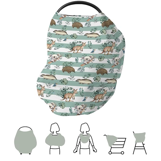 Australian Animals Tropical Leaves Car Seat Cover for Baby Koala Green Stripes Stretchy 5-in-1 Covers Adjustable Car Canopy Breastfeeding Cover Native Australia Breathable Nursing Cover-Up