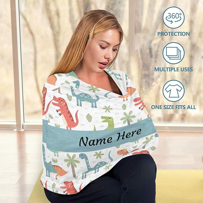 Customized Cartoon Dinosaur Baby Car Seat Covers for Boys, Personalized Carseat Canopy with Name, Nursing Breastfeeding Scarf for Babies, Gift for Infant Newborn, Multiuse Stroller Cover