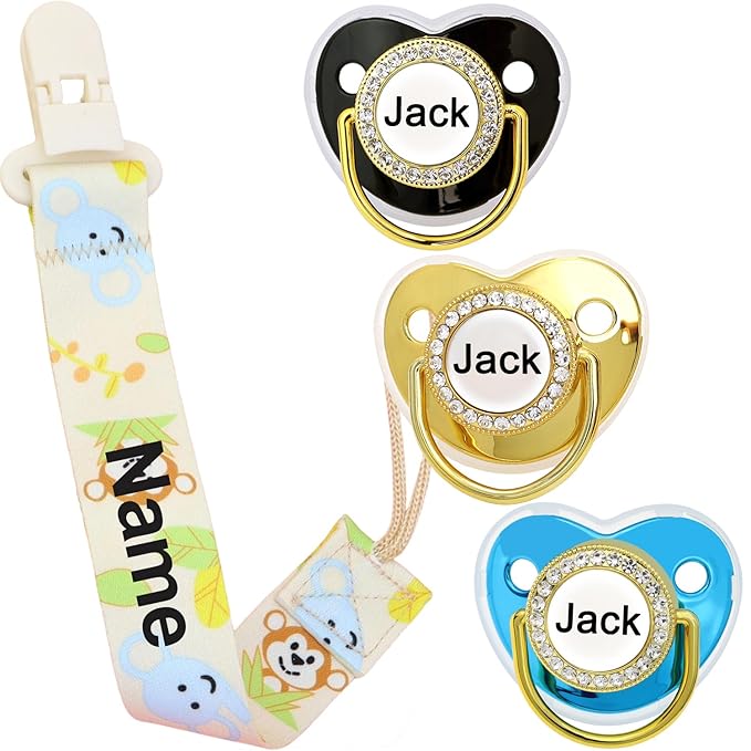 4Pcs, Personalized Pacifier with Name, Custom Pacifier Clip, Baby Gift for Newborn Boys and Girls, Accessory Baby Stuff with Name (0-6 Months) (Monkey)