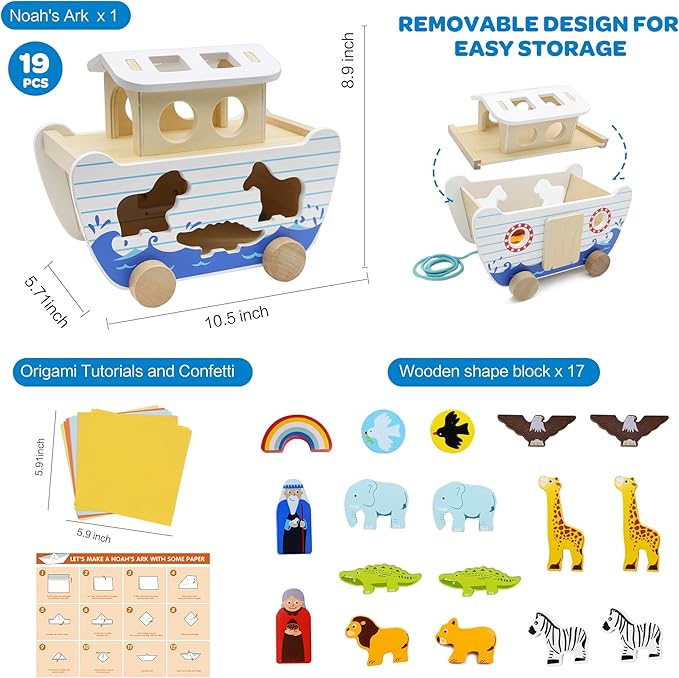 bpmfkid Noah's Ark Wooden Toy Set, Educational Wooden Animal Toys for Toddlers, Montessori Shape Sorter Educational Toys, Bible Story Engagement & Perfect Baptism, Christening Gift for 2-4 Y