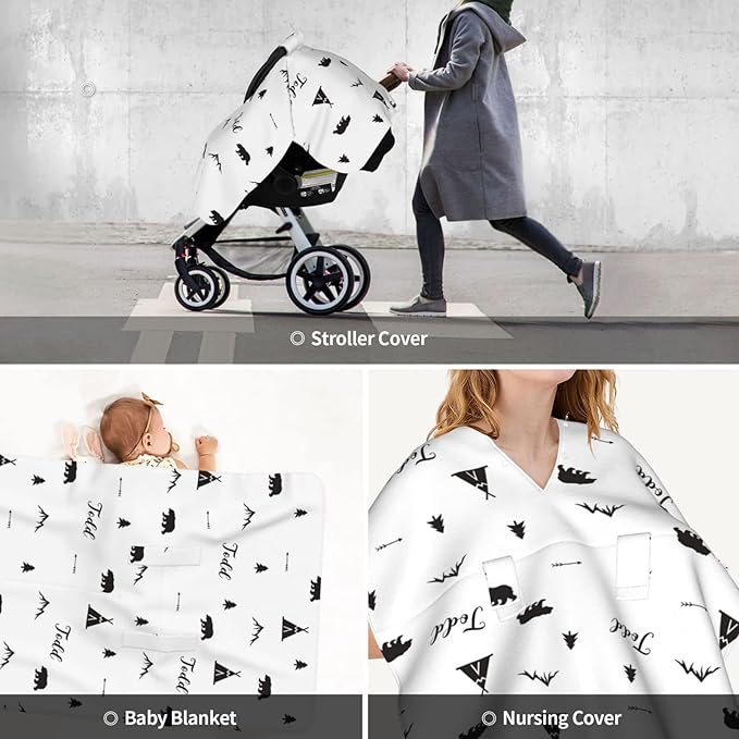 Personalized Woodland Bear and Arrows Baby Infant Car Seats Canopy for Baby with Name, Custom Lightweight Covers for Baby Boys Girls, Minky Nursing Breastfeeding Stroller Cover for Newborn