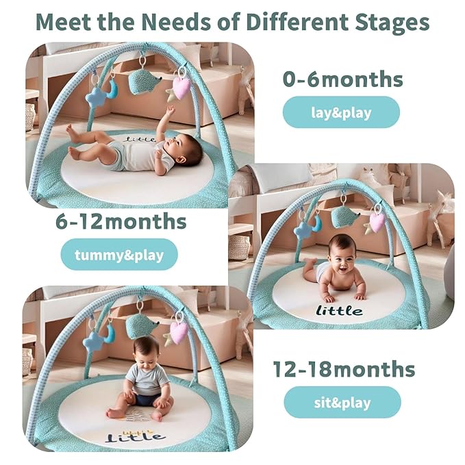 Baby Play Gym Mat & Activity Mat - 100% Cotton Soft Playmat with 6 Detachable Toys for Tummy Time, Machine Washable, Sensory Development Gift (Hedgehogs)