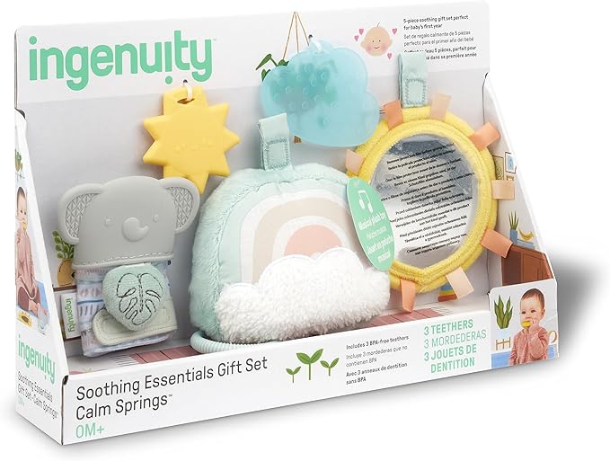 Ingenuity Calm Springs Soothing Essentials Gift Set - Musical Toy, Rattle, Mirror, 2 Teethers for Baby