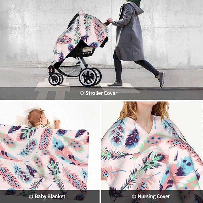 Boho Pink Feathers Baby Car Seat Covers Canopy, Peekaboo Opening Carseat Cover Soft Nursing Stroller Cover Canopy for Shower Gift Newborn