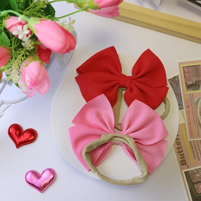 Valentine's Red Baby Bow Headbands for Baby Girls Pink Handmade Bows Newborn Nylon Headbands Valentine's Day HairAccessories for Infants Toddlers (Red White Pink)