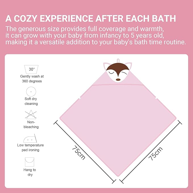 MICHLEY Bamboo Viscose Baby Hooded Bath Towel for Boys and Girls, 29.5 x 29.5 Inch Ultra-Soft and Quick-drying Infant Bath (Pink Fox)