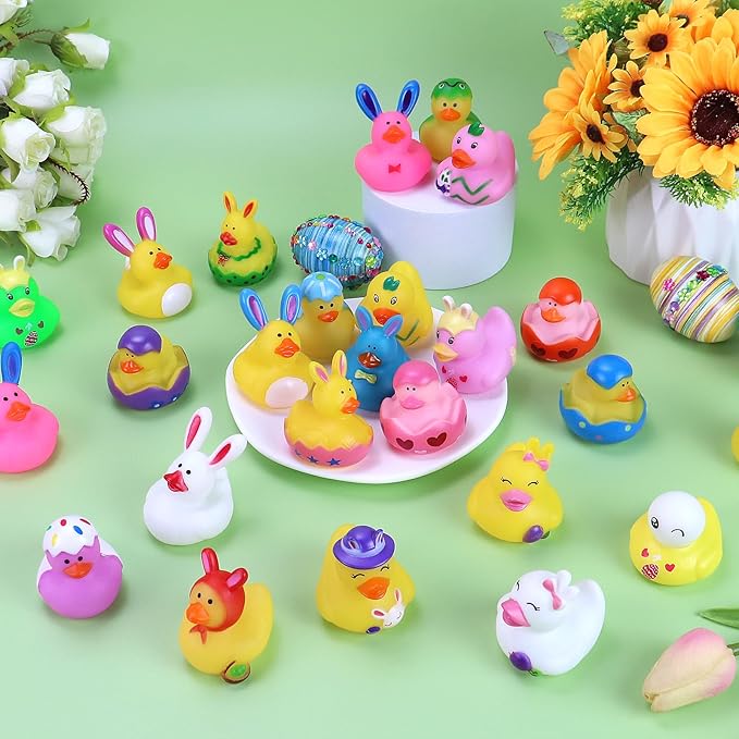 50Pcs Easter Rubber Ducks, Mini 2.1 Inch Bunny Rubber Duckies Bath Toys for Kids, Assorted Float Duck Bulk for Fun Bathtub Duck Toys Easter Ducks for Cruise and Easter Basket Stuffers and Party Favors