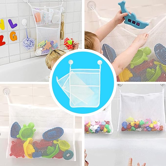 2 PCS Mesh Bathtub Toy Holder Bag, 18 x 14 Inch Bath Toy Organizer, 4 Ultra Strong Hooks, White