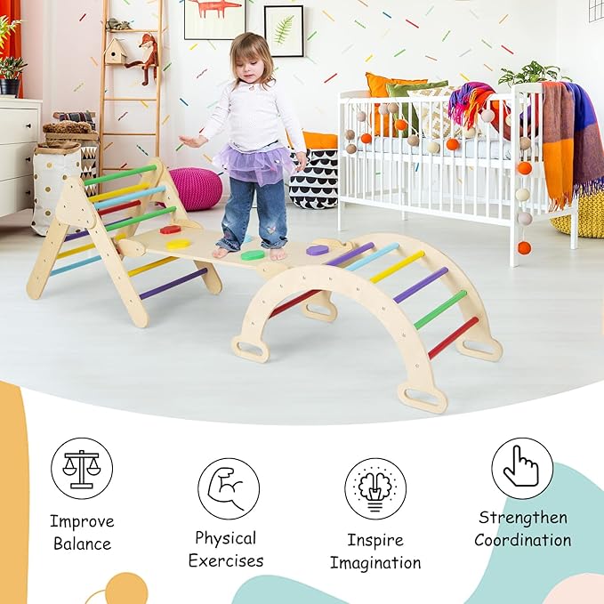 Olakids Pikler Triangle Set 7 in 1 Climbing Toys for Toddlers 1-3 Inside Foldable Wood Montessori Jungle Gym with Ramp Ladder Arch Slide Baby Climber Indoor Playground