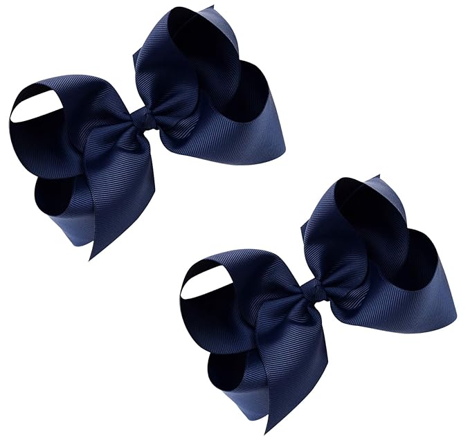 DEEKA 2 PCS 6" Big Hand-made Grosgrain Ribbon Solid Color Hair Bows Alligator Clips Hair Accessories for Little Teen Toddler Girls Kids Set of 2 -Navy Blue
