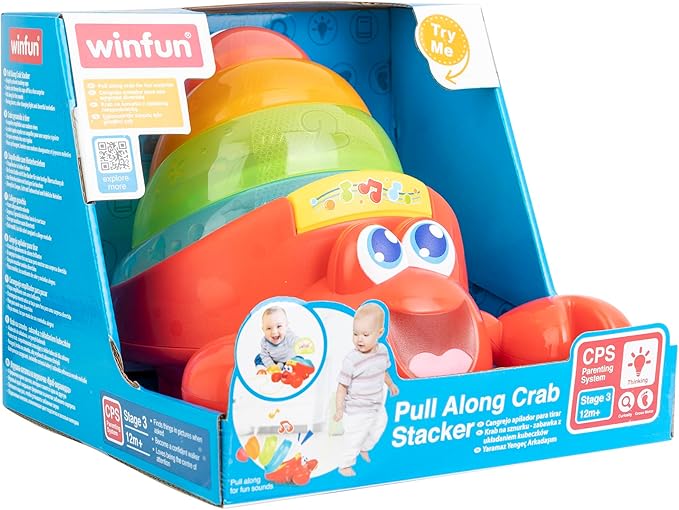 Winfun: Pull Along Crab Stacker - Lights & Sounds, Walking & Stacking Toy, 4 Colorful Cups, Motor Training, Sensory Toy, Baby & Toddler Ages 12mo+
