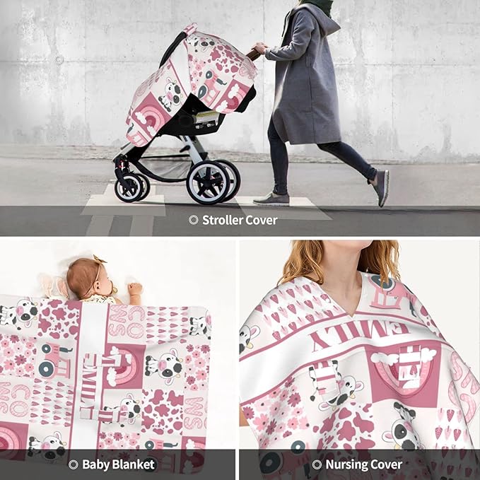 Personalized Baby Car Seat Canopy for Girls, Custom Name Baby Car Seats Covers for Babies, Opening Minky Nursing Breastfeeding Stroller Cover Infant Carseat Canopies for Newborn (Cute Cow Pink)