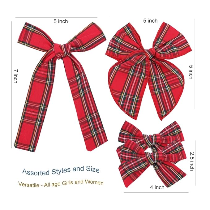 Set of 4 Tartan Red Bow Hair Clips for Little Girls Toddler Baby Mom Women Hair Barrettes Accessories 3 Styles Bows School Uniform Plaid Bows