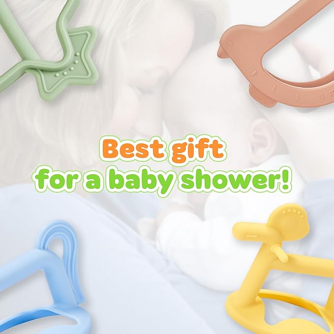 MOYUUM Wrist Teether Gift Set 100% Silicone, Wearable Type Baby Chew Toy Baby Gift for Newborn, Roly Poly Toy, Silicone Teething Toys for Infant and Toddler, Bracelet Type (Star Sage, Pony Yellow)
