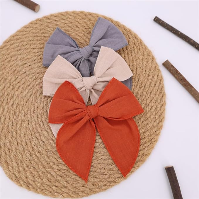 12 PCS Large Fable Bow Hair Clip for Little Girl Kids Linen Velvet Hair Bows Barrettes Alligator Clips Baby Mom Women Hair Accessories (Linen 12 PCS)