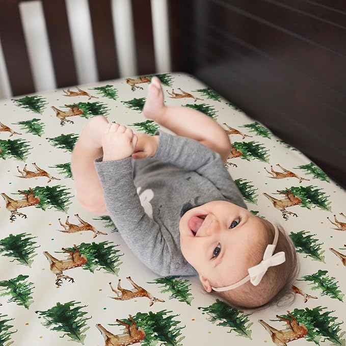 BROLEX Baby Fitted Crib Sheets: Kid Crib Sheets - Set of 2 for Toddler Standard Size Crib Mattress for Boys and Girls - Jersey Knit Crib Bed Sheets Sika Deer&Foliage