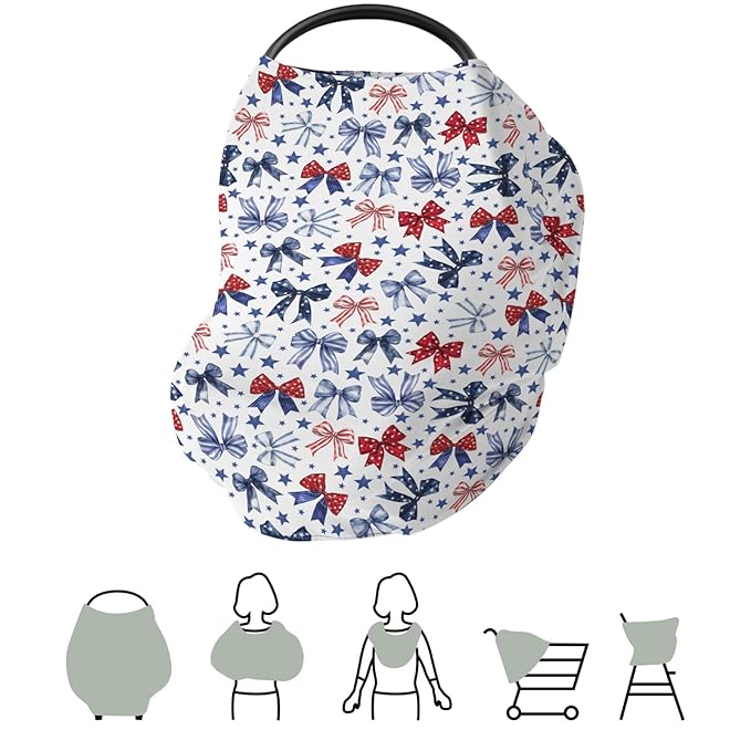 Red White & Blue Bows Baby Car Seat Covers Patriotic Ribbons Stars Stretchy 5-in-1 Cover Adjustable Car Canopy Cover Cute 4th of July Party Breathable Nursing Cover-Up